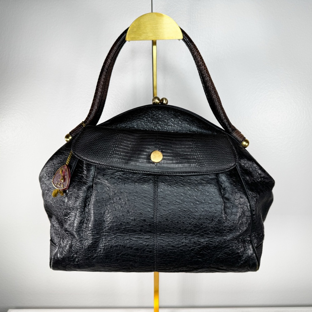 Vintage Furdi Milano Italy Exotic Leather Handbag JRA Kisslock Satchel Black